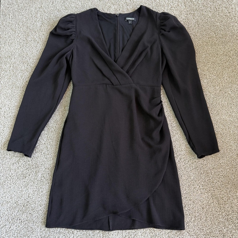 Express Dress Womens S Black Long Sleeve V Neck Puff Sleeve Wrap Mini Party